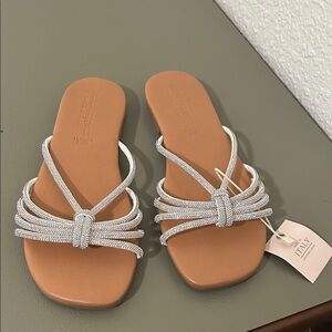 Crystal-Embellished White Strap Slide Sandals - Women